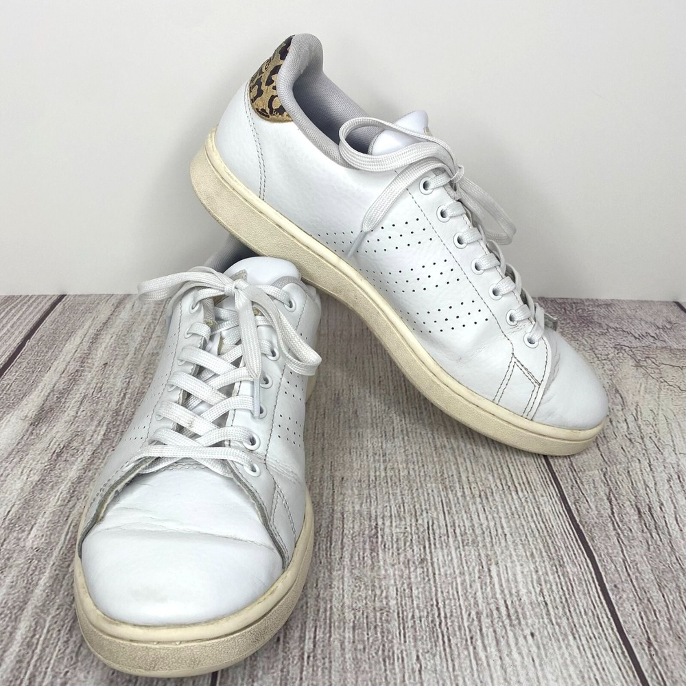Women's Adidas Advantage Sneakers FY9101 Size 11 White Leather Cheetah Accent